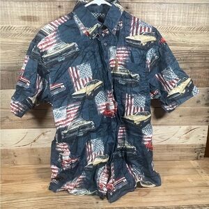North River Outfitters Boys (M) Top Blue American Flag Classic Car Button Shirt